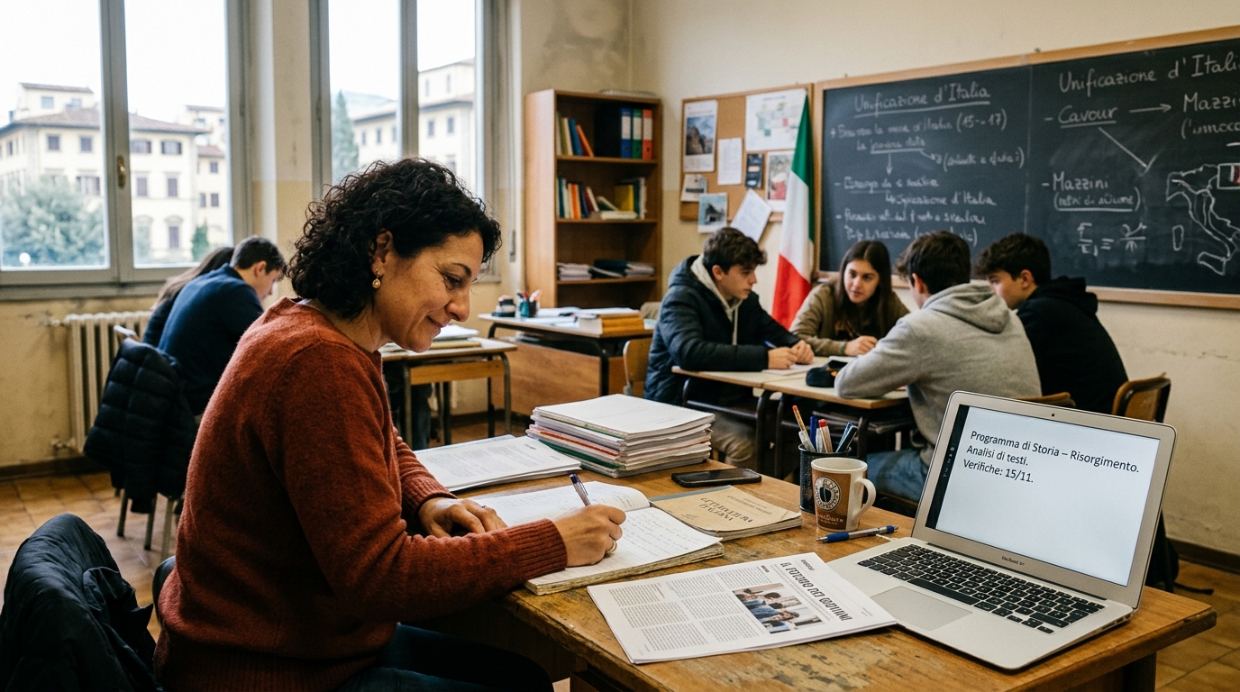 Docente al lavoro alla cattedra con laptop e appunti in un'aula scolastica